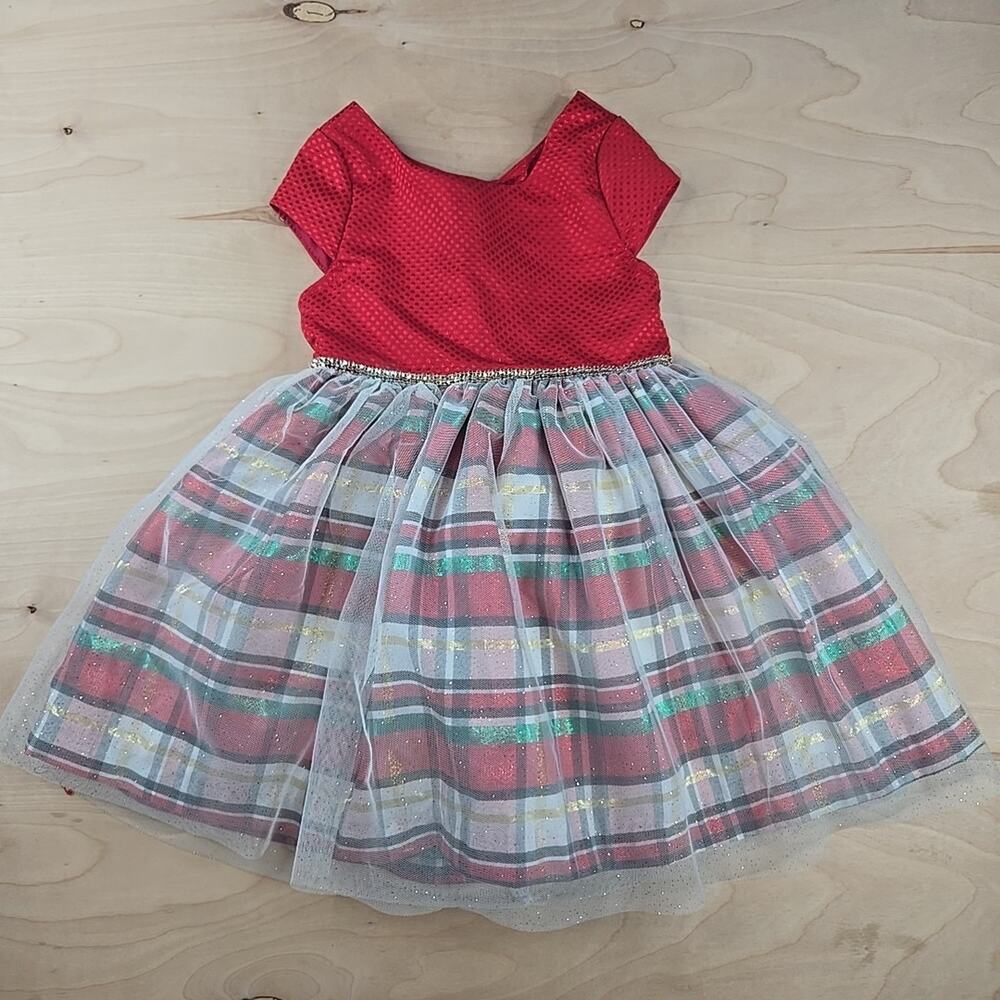 Nannette Kids Girl Dress 3T Tulle Sparkle Skirt Bow Back Red Plaid Party Dress